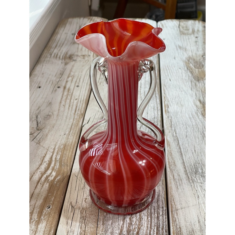 Vintage **RARE** Handblown Double Handled Venetian Ruffle Vase Red/White/Clear